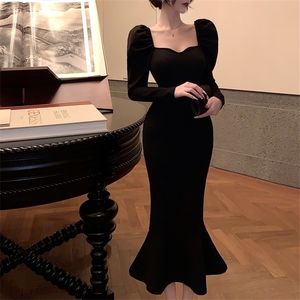 Elegant Mermaid Black Long Dres Korean Vintage Gothic Evening Party Dress Autumn Casual Hepburn Slim Dress 220311