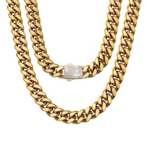 6/8/10/12/14MM Fashion Gold Stainless Steel Miami Cuban Curb Chain White Rhinestone Clasp Men Women Necklace Jewelry Gift 1PCS