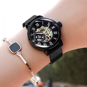 Wristwatches Orkina Szkielet Kobiety Zegarek Mechaniczny Black Band Automatyczne zegarki dla Montre Femme