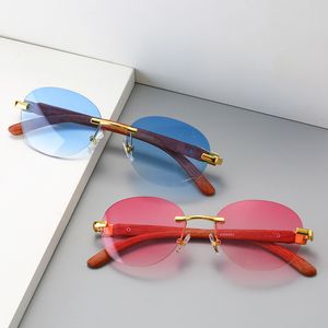 Moda masculina sem aro estilo gradiente de madeira grão piloto óculos de sol feminino design da marca vintage óculos de sol 8003