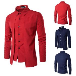 Men's Dress Shirts 2021 Men Spring Autumn Long Sleeve Button Down Slit Fit Formal Business Shirt White Black Red Blue