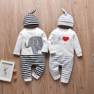 Neugeborenen Baby Jungen Strampler Baumwolle Brief Ich Liebe BabaMama Langarm Overall und Hut Herbst Kleinkind Kleidung Outfits 210309