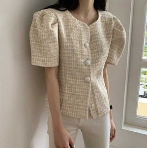 Summer Women Jacket Korean Chic Retro V-Neck Single-Breasted Design Loose Thin Puff Sleeve Tweed Short Coat 210531