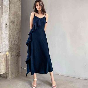 Elegantes Kleid Satin Seide Unregelmäßige Cascading Rüschen Spaghettibügel Sexy Blau Midi Frauen Party Retro Robe 210608