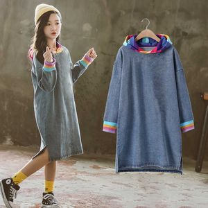 Nowa Moda Dzieci Dziewczyny Dżinsy Dress 2020 Wiosna Z Długim Rękawem Dżinsowy Tshirt Dreses 10 12 lat Dzieci Rainbow Ubrania Fall Tees Q0716