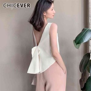 Chicever Koreański Lace Up Bowknot Damska Kamizelka O Neck Tank Bez Rękawów Backless Duży Rozmiar Luźne Kamizelki Żeńskie Moda 210817