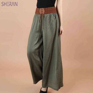Sheran Хлопковое белье мягкие широкие ноги женские брюки упругих талии лодыжки длиной сплошной цвет летний свободный брюк 90см Pantalon Femme 211224