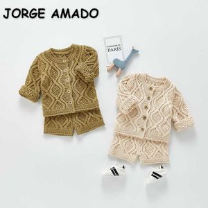 Korean Style Spring Kids Boys Girls 2-pcs Sets Solid Color Long Sleeves Sweater + Shorts Children Clothes E10 210610