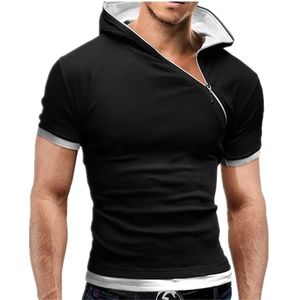 Men's Zipper Camisa Tops Ees Verão Algodão V Neck Manga Curta Homens Moda Capuz Slim S 210716