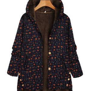 여성용 가을과 겨울 여성 재킷 두꺼운 캐주얼 느슨한 인쇄 단일 가슴 불규칙한 후드 코트 EN * 211019