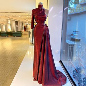 Mörk röd en axel kväll klänning sida split elegant prom klänningar kvinnor formell slitage vestidos de novia