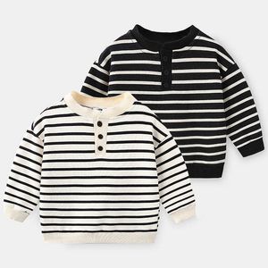 Mode Frühling Herbst 2-10 Jahre Kinder Langarm Weiß Schwarz Knopf Rundhals Gestreiften Sweatshirt Für Kinder Baby jungen 210529