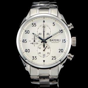NEW Mens Watches White Face Chronograph Wristwatches quartz Stopwatch Sport Watch Stainless steel strap montre BATERLI