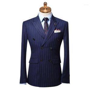 Män kostym 2021 Deep Blue Stripe Double Breasted Mens Passar med byxor Västar för Bröllop Groom 3 Piece Set Business Man Wear Plus1