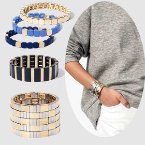 Flatfoosie Gold Silver Color Alloy Bracelets Women Stretch Enamel Tile Stackable Adjustable Cuff Bracelet Bangles Men Jewelry Q0719