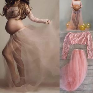 Chic Ruffle Aftonklänningar Sky Blå Lace Tulle Two Pieces Klänning Robe Maternity för Kvinnor Sheer Long Nightgown Puffy Bathrocke till fotografering