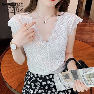 Summer V-Neck Hollow Lace Bluzka Kobiety Sexy Bez Rękawów Biała Koszula Szczupła Krótkie Kobiety Topy Odzież Blusas Mujer de Moda 14188 210528 \ t