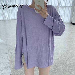 Yitimuceng T-shirts Frau Split Gabel Oversize Langarm T-shirts Orange Weiß Rosa Grün Blau Schwarz Tops Sommer T-shirts 210601