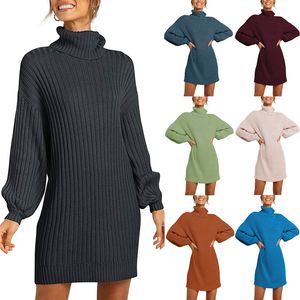 2021年秋と冬の新しいファッションの女性のハイネックミッドレングスセーターニットセータードレス