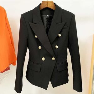 Top Quality Blazer Women Slim Black Jacket Kvinna Dubbelbröst Metall Lion Knappar Rosa Coat Storlek 211122