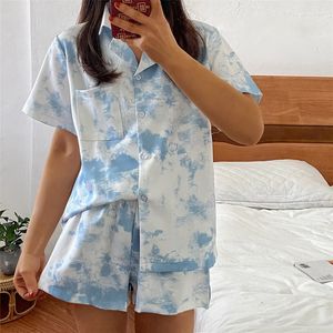 Bonito desenhos animados gravata tintura homewear mujer lapela verão sleepwear dormindo tops + shorts pijama elegante menina adorável roupa outerwear roupas x0526