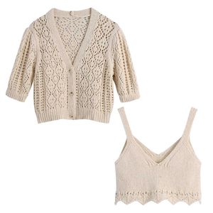 Mulheres Pointelle Knit Cardigan Dois Peça Set Moda Vintage Woman Tops Crop Tops Outfits 210709