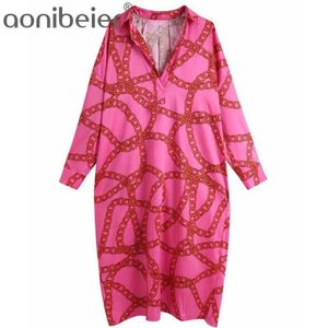 Frauen Vintage Kette Druck Casual Lose Gerade Midi Kleid Weibliche Chic Batwing Hülse Rosa Kimono 210604