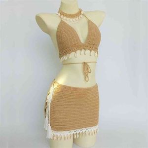 3 Sztuk Bikini Zestaw Kobieta Szydełka Shell Tassel Top i Seashell Kostka Łańcucha Sexy Plażowa Spódnica Koronka Przeglądaj przez Slim Mini 210621