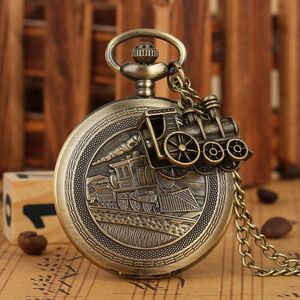 Pocket Watches Antique Bronze Train Locomotive Engine Necklace Quartz Watch Retro Pendant Chain FOB Clock Gift With Accessory