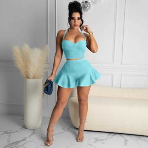 Women Two Piece Casual Sexy Solid Color Set Slim Fit Tube Top Camisole + Ruffle Shorts Sports Suit Y0702