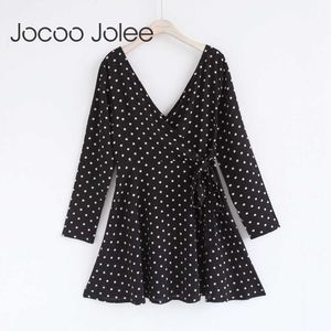 JOCOO JOLEE VINTAGE Fashion Wave Point Sundress High Waist V Neck Dot Casual Knee Length Mini Dress Style 210619