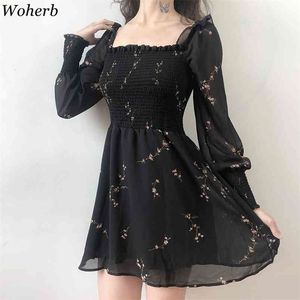 Woherb Lato Kobiet Czarna Sukienka Vintage Kwiat Długi Rękaw Puff Szyfon Suknie Koreański Casual Mini Vestidos Mujer 21593 210623