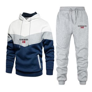 Felpa con cappuccio da uomo in 2 pezzi patchwork felpa con cappuccio abbigliamento casual allentato moda di strada giacca + pantaloni autunno e inverno