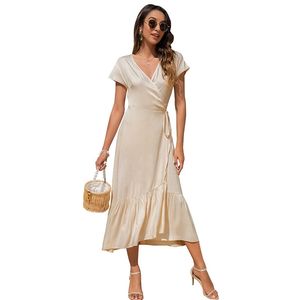 Elegant Dress Women Summer Fashion V-neck Solid Color Bandage Belt Irregular Split Fork Slim Dresses Female LR1326 210531