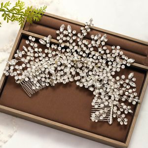 Damska Kryształowa Opaska Handmade Z Dwoma Headpieces Biżuteria dla nowożeńców do ślubu Rhinestone Band Hair Combs Party