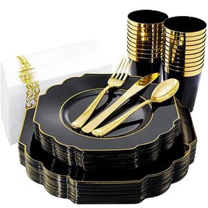 Disposable Dinnerware 60 Pieces Of Party Tableware Black Red With Gold Rim Plastic Plate Silverware Cup Set God Day Wedding Supplies