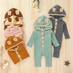 2021-06-19 lioraitiin 0-12M Infant Babys Boy Girl Casual Long Sleeve Jumpsuit Fashion Contrast Color Button Hooded Romper G1221