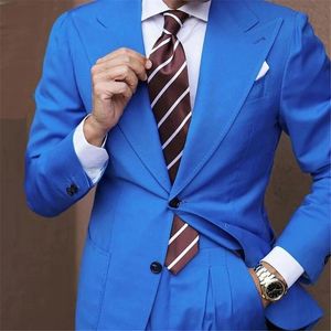 Mäns kostymer Blazers Blue Wide Lapel Män Två Knappar Kostym Homme Bröllop Groom Tuxedos Prom Slim Fit Terno Masculino Blazer 2 pc Jacket + P