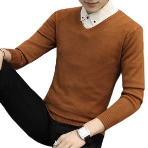 2021 Novo Slim Malha Cashmere Lã Camisola Homens Tops Pullovers Outono Inverno Quente Casual Color Sólido V-Pescoço Manga Completa M-3XL Y0907