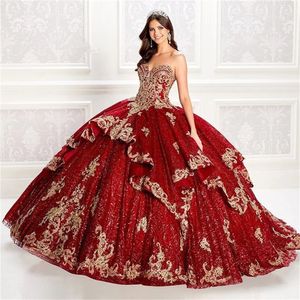 Princess Dark Red Sequins Sweetheart Quinceanera Dresses Ball Gown Formal Prom Graduation Gowns Sweet 15 16 Dress Cinderella