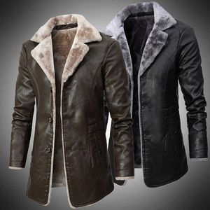 Zima Mężczyźni Długa Gruba Skórzana Kurtka Futro Linner Parkas Mężczyzna Casual Ciepły Faux PU Bussiness Jacket Płaszcz Motor Vintage Znosić 211009