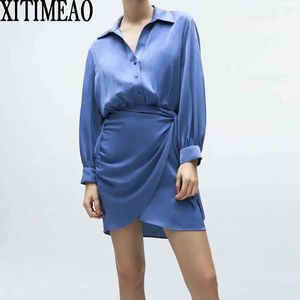 Za Långärmad Kvinnor Solid Färgskjorta Klänningar Ruffles Kvinna Holiday Lapel Neck Sexig Mini Dress Xitimeao 210602