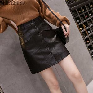 WERUERUYU Elengant High Waist Leather Penci Skirt Women Button Wrapped Skirts Solid Color Pockets 210608