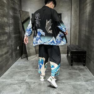 Erkek Eşofman Erkekler Siyah Baskı Kimono Takım Yaz Bahar Hırka Casual Streetwear Erkek Gevşek Plaj Pantolon Yukata Haori ile