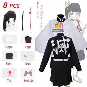 8 st Demon Slayer Tsuyuri Kanawo Cosplay Kostym för barn Vuxna Anime Kimetsu Nej Yaiba Katana Black Wig Battle Suit Uniform Y0903