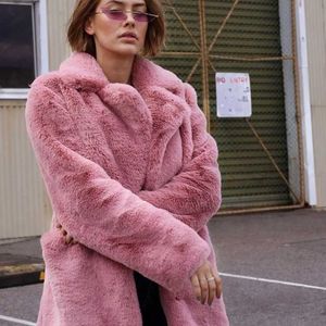 Autumn And Winter Pink Fur Coat Street Trendsetter Artificial Lapel Long Sleeve 211207