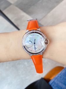 Mode Kvinnor Mor av Pearl Shell Klockor Rostfritt Stål Geometrisk Moon Armbandsur Kvinna Orange Leather CZ Quartz Klocka 36mm