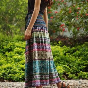 Boho Floral A-Linha Feminina Maxi Saia Elastic Cintura Alta Cintura Vintage Saias Plissadas Verão Verão Moda Roupas Feminino 210730