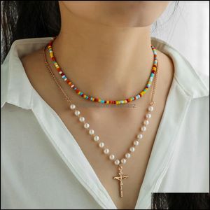 Pendanthalsband Pendants smycken S1708 Fashion Double Layer Chain Faux Pearls Colorf Beads Halsband Cross Drop Delivery 2021 W0zyo