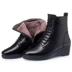 Fashion Top Cowhide Leather Boots Black Shoes Women's Large Size Non-slip Wedges Warm Plush / Wool Winter Snow